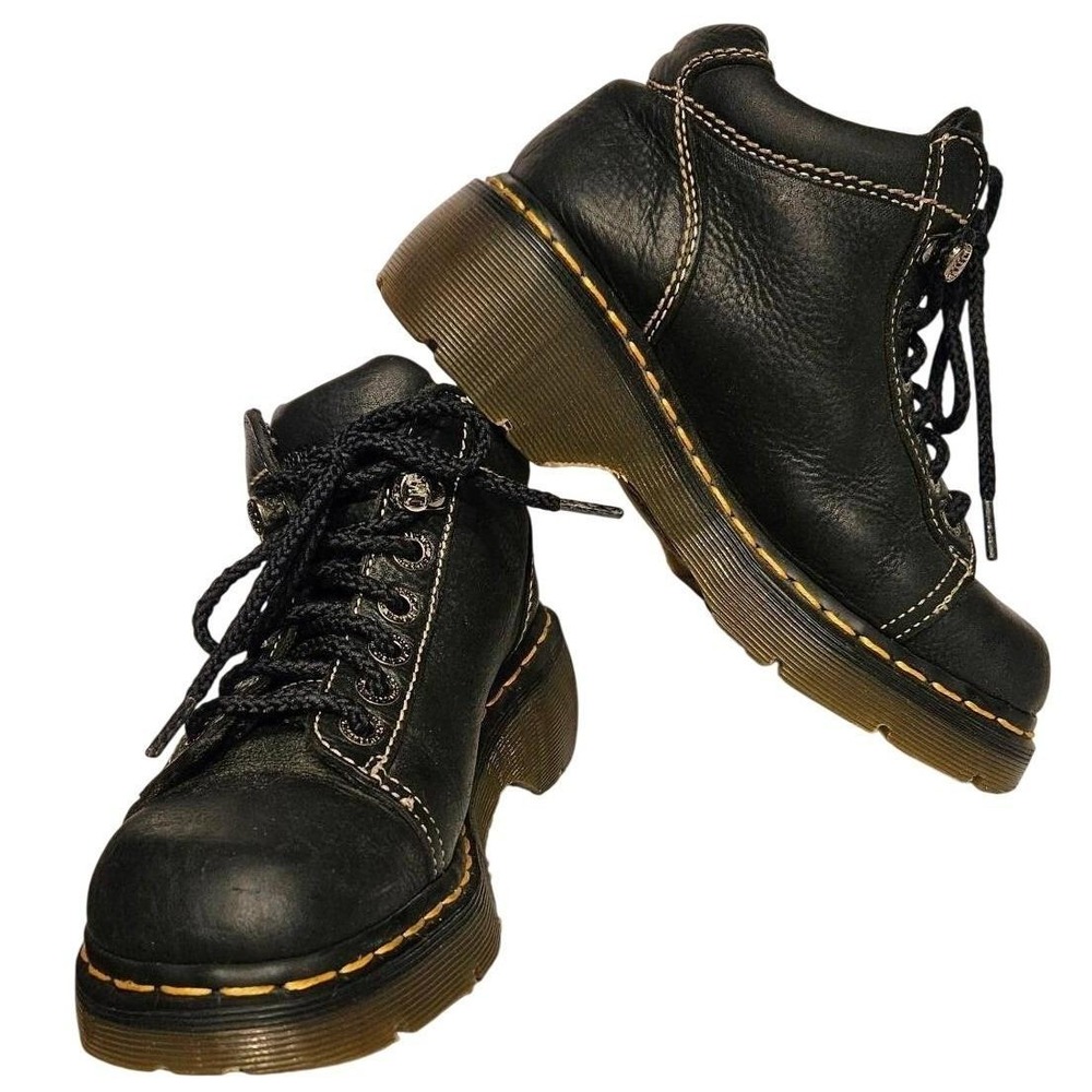 Dr Martens Made in England Black Leather Platform Boots Contrast Stitch Vintage‎